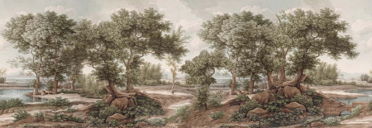 Papier peint paysage d’oliveraie – Panoramique arbres peints et rivière