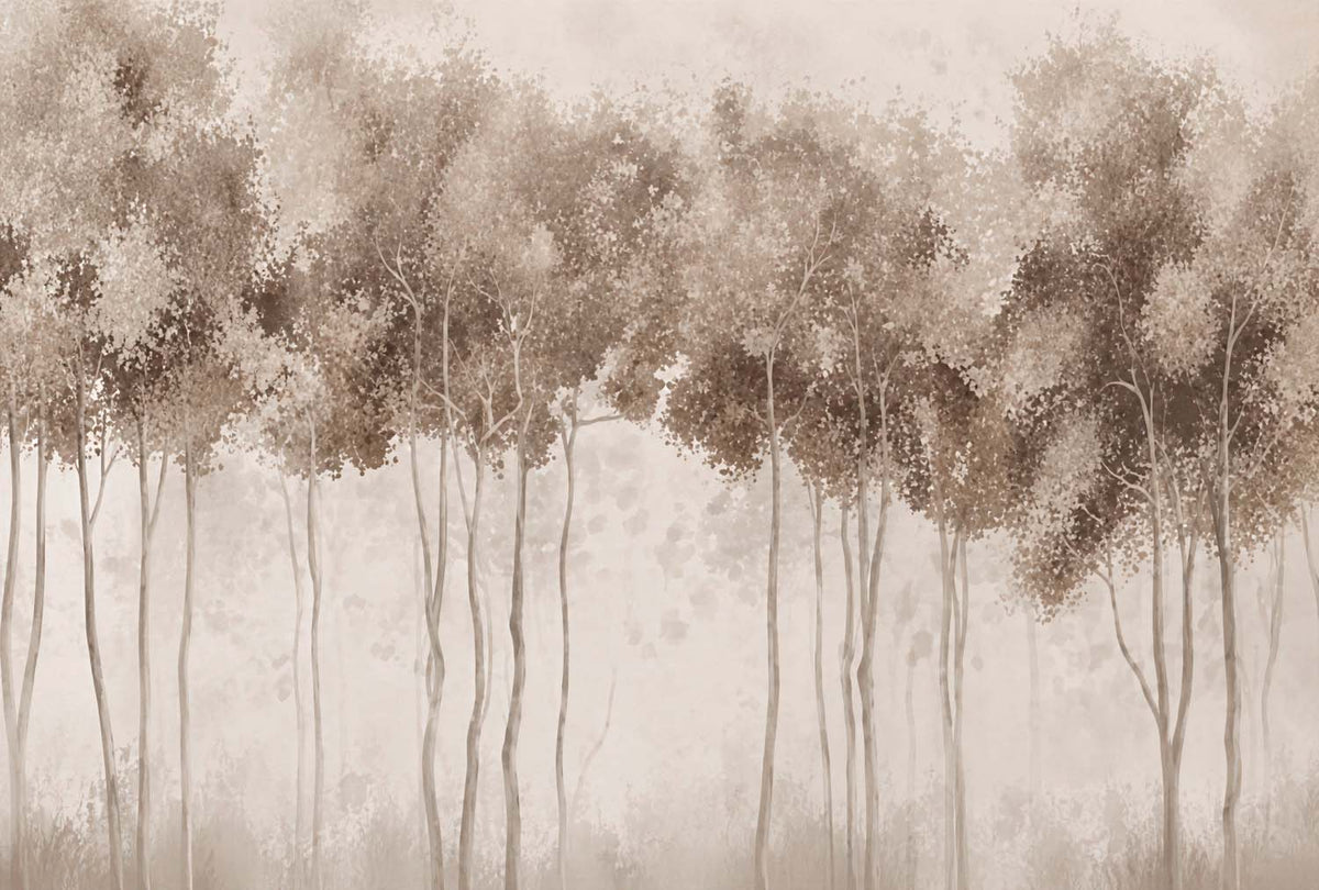 Papier peint forêt taupe – Panoramique arbres picturaux doux