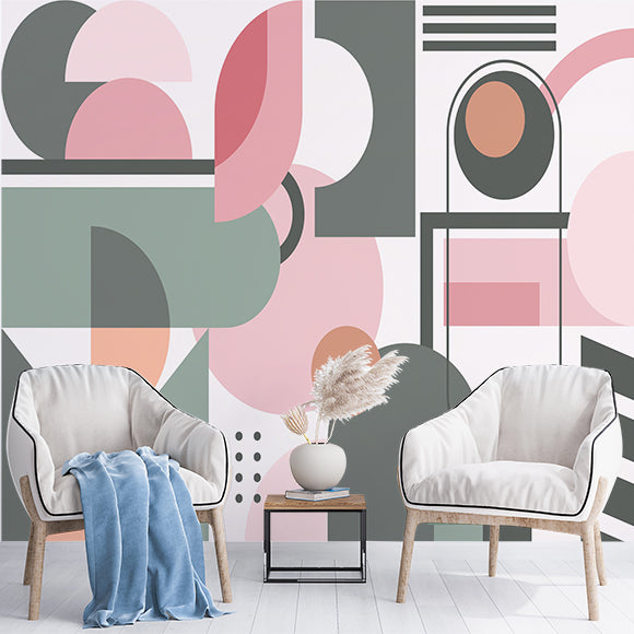 Custom Modern Abstract Geometric Wallpaper in Pastel Pink and Green