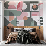 Modern Abstract Geometric Wallpaper in Pastel Pink and Green