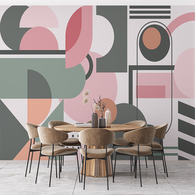 Modern Abstract Geometric Wallpaper in Pastel Pink and Green