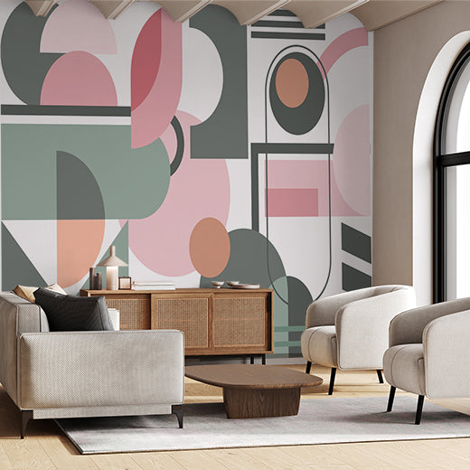 Modern Abstract Geometric Wallpaper in Pastel Pink and Green