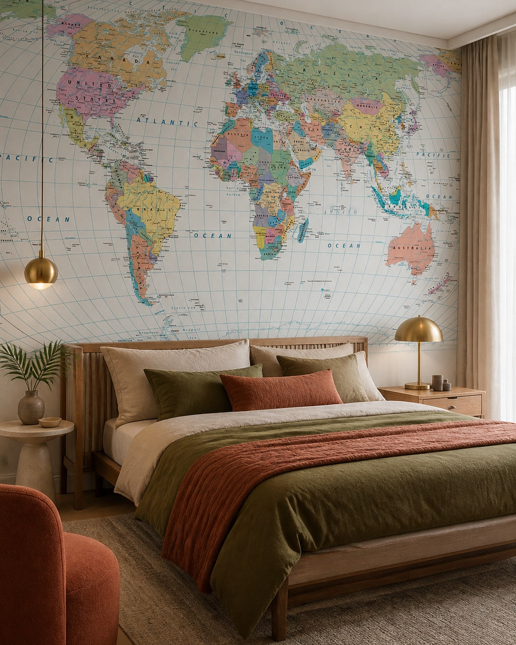 Political world map wallpaper in a designer bedroom.