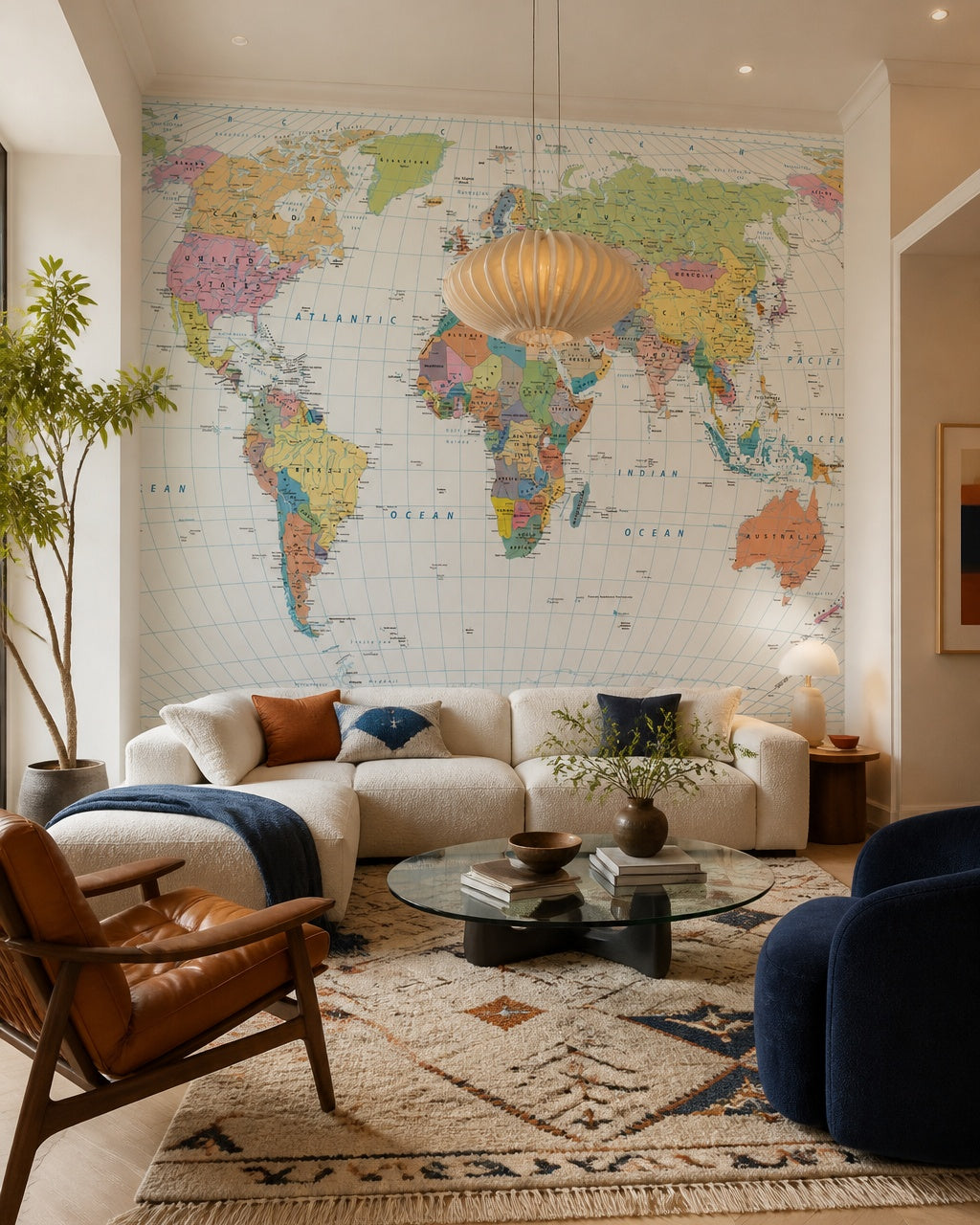 Political world map wallpaper in a designer living room.