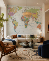 Political world map wallpaper in a designer living room.