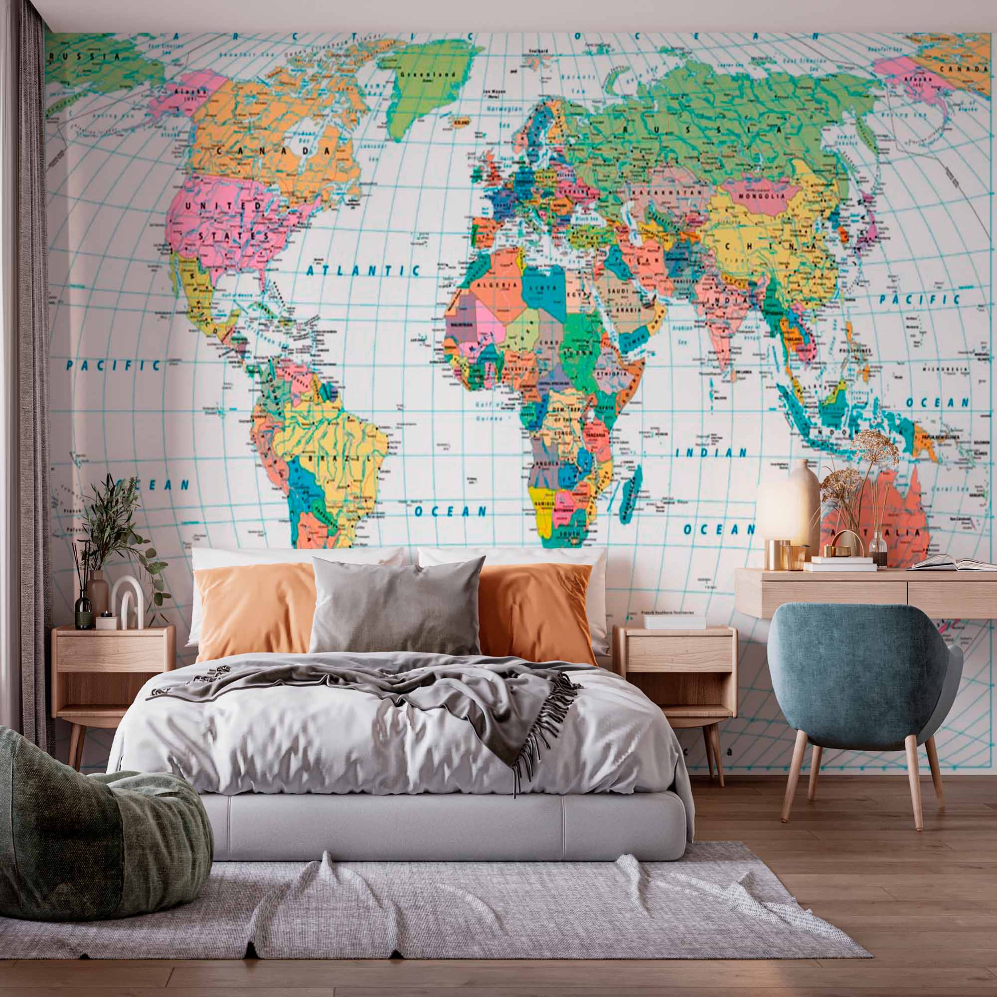 Detailed Political World Map Wall Mural Wallpaper with Country Names and Boundaries