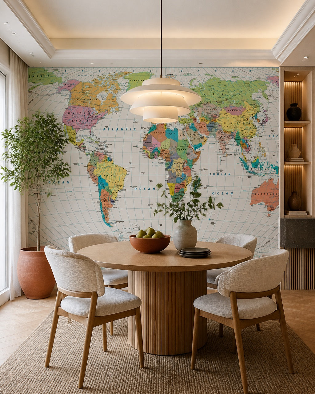 Political world map wallpaper in a refined dining area.