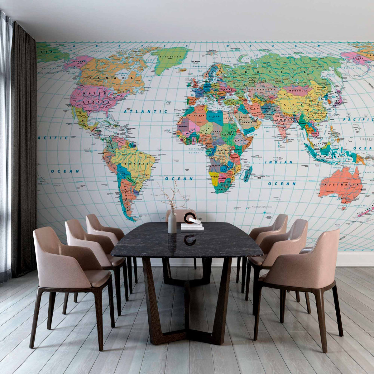 Detailed Political World Map Wall Mural Wallpaper with Country Names and Boundaries