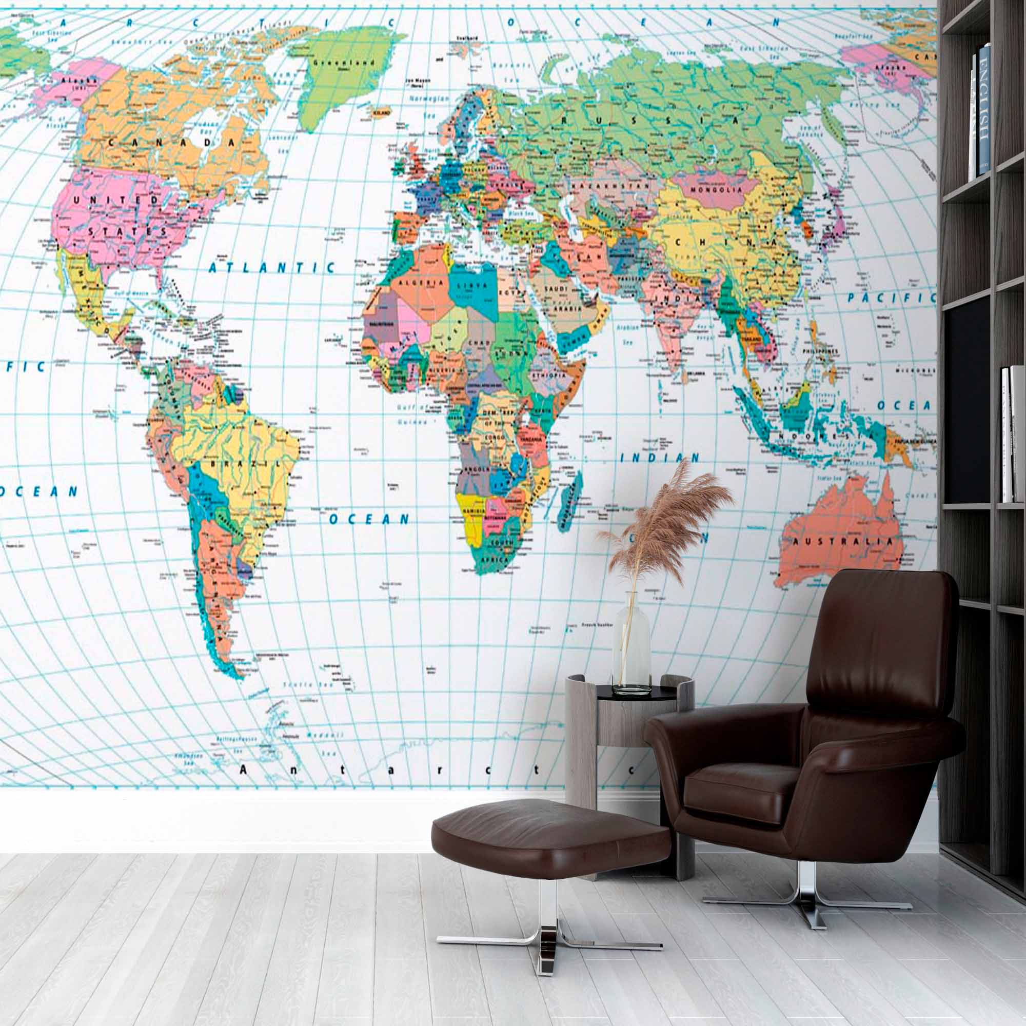 Detailed Political World Map Wall Mural Wallpaper with Country Names and Boundaries