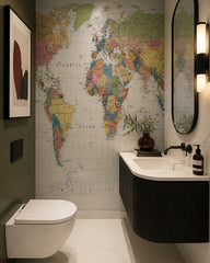 Political world map wallpaper in an elegant powder room.