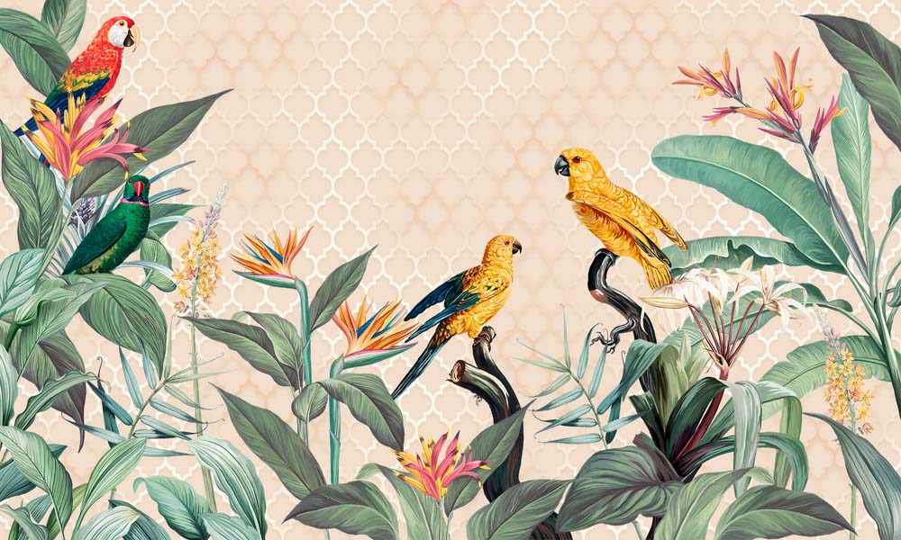 Botanical Wallpaper Plant Motifs Green Exotic Parrots Tropical Wall Mural