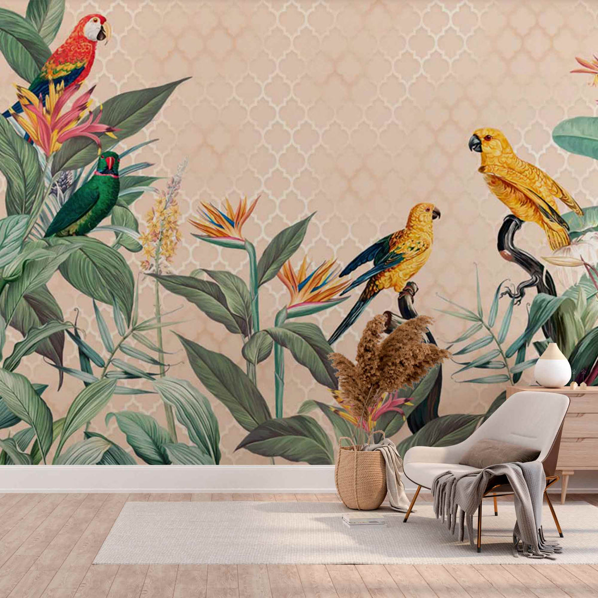 Botanical Wallpaper Plant Motifs Green Exotic Parrots Tropical Wall Mural