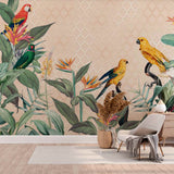 Botanical Wallpaper Plant Motifs Green Exotic Parrots Tropical Wall Mural