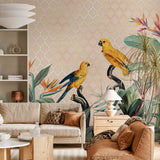 Botanical Wallpaper Plant Motifs Green Exotic Parrots Tropical Wall Mural