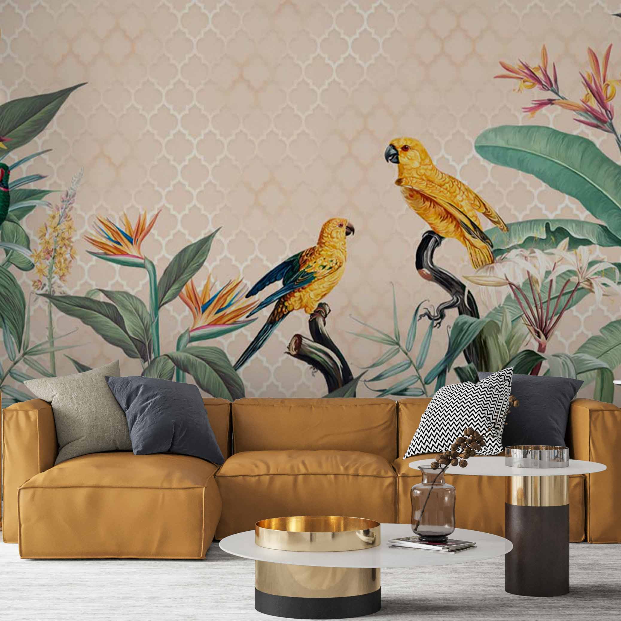 Botanical Wallpaper Plant Motifs Green Exotic Parrots Tropical Wall Mural