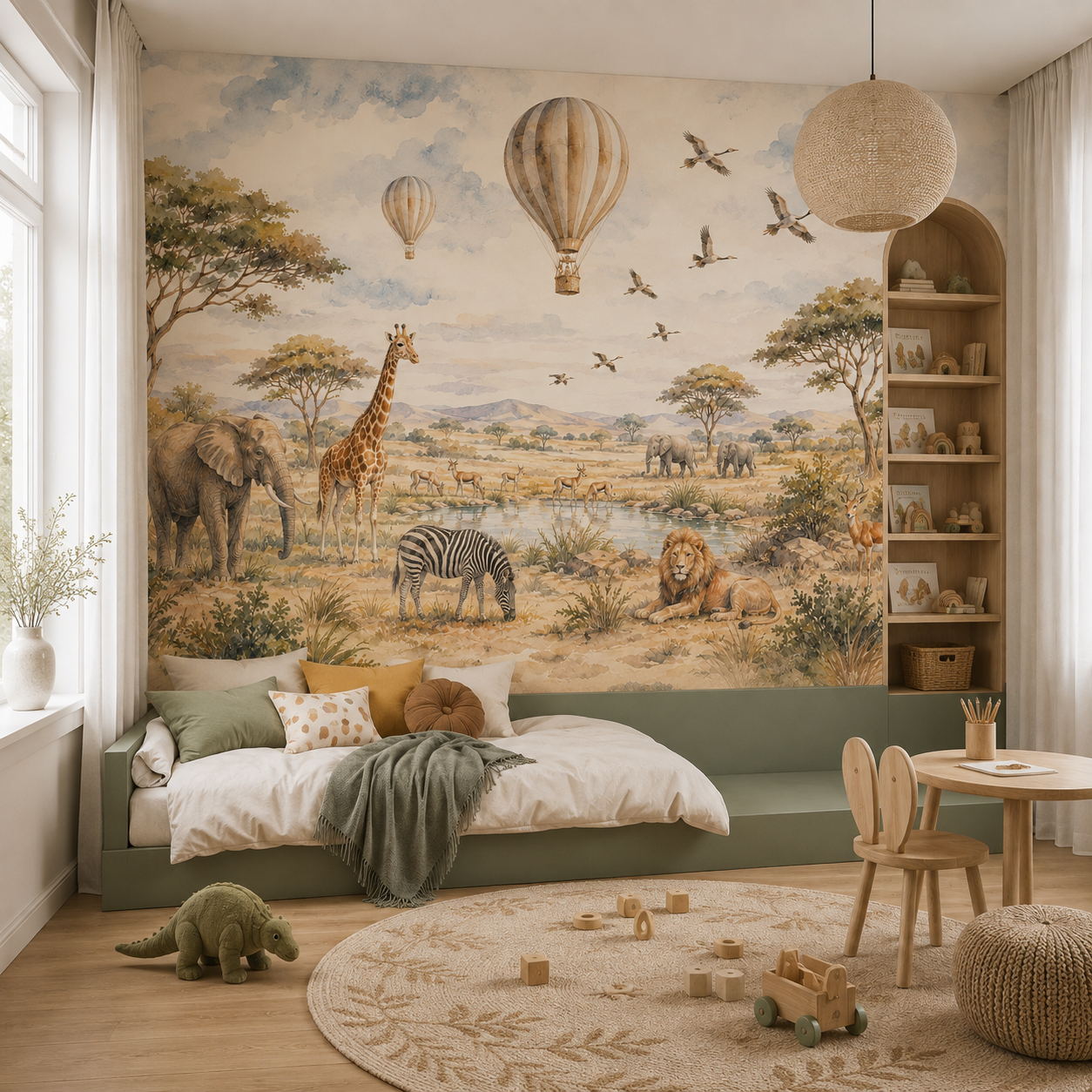 Safari animal and hot air balloon wall mural in a green children’s bedroom and playroom