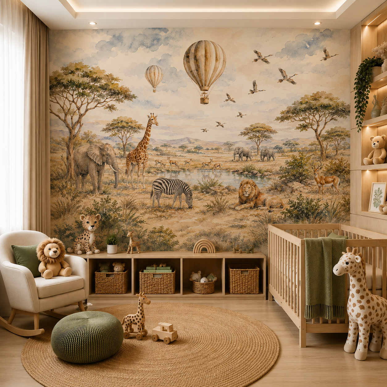 African wildlife wall mural with giraffe, elephants and lion in a warm neutral nursery