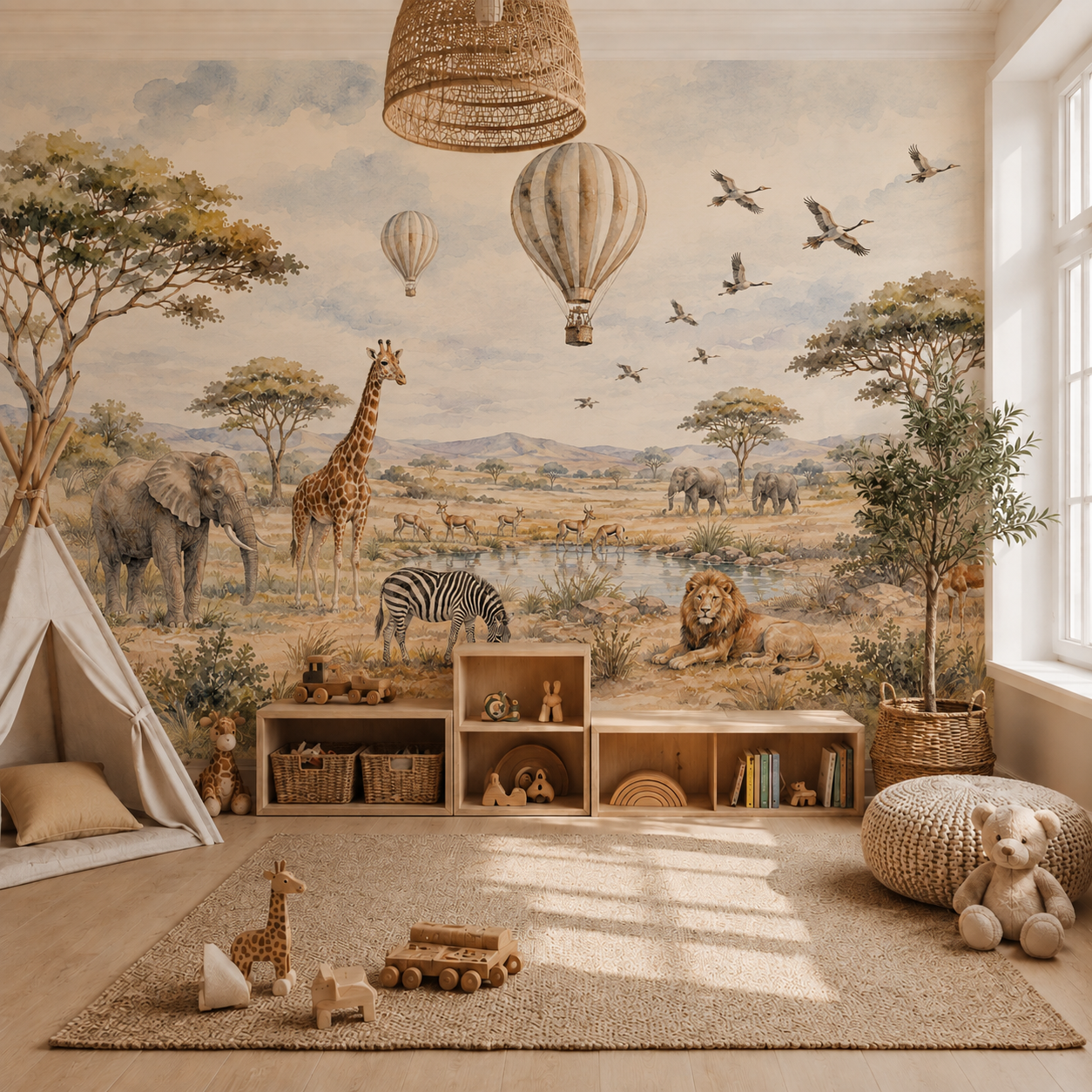 Watercolor African safari wall mural with elephants, giraffe, zebra, lion and hot air balloons