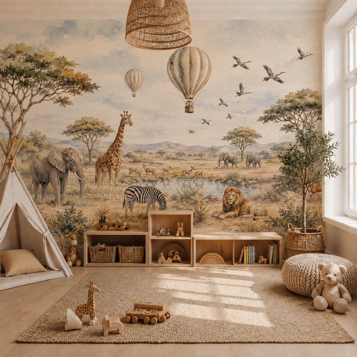 Watercolor African safari wall mural with elephants, giraffe, zebra, lion and hot air balloons