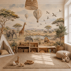 Watercolor African safari wall mural with elephants, giraffe, zebra, lion and hot air balloons
