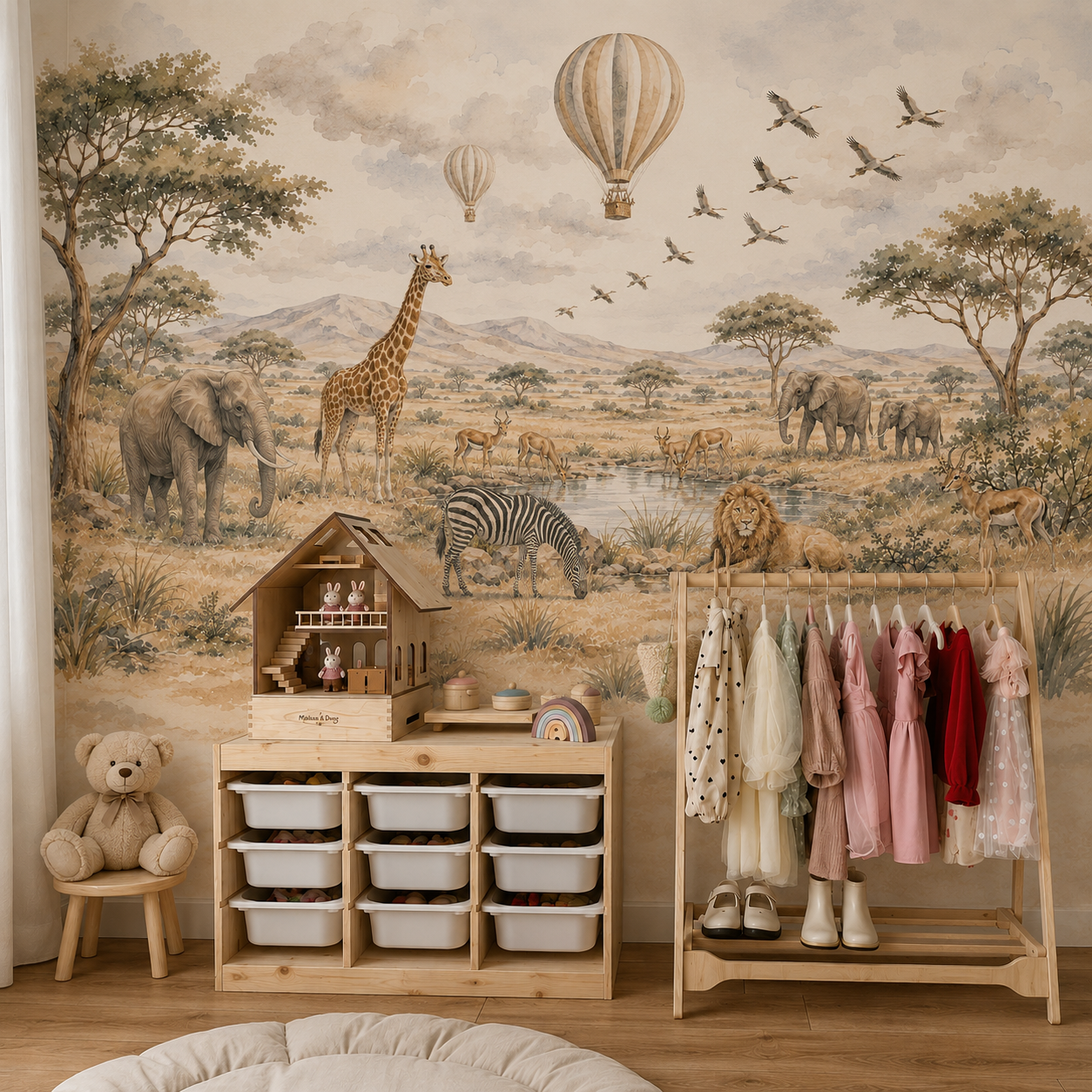 Safari animals and hot air balloons wall mural in a bright neutral playroom