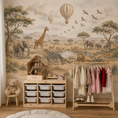 Safari animals and hot air balloons wall mural in a bright neutral playroom