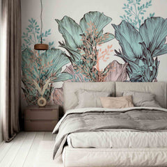 Custom Botanical Fleur Wall Mural Plant Motifs Green Wallpaper