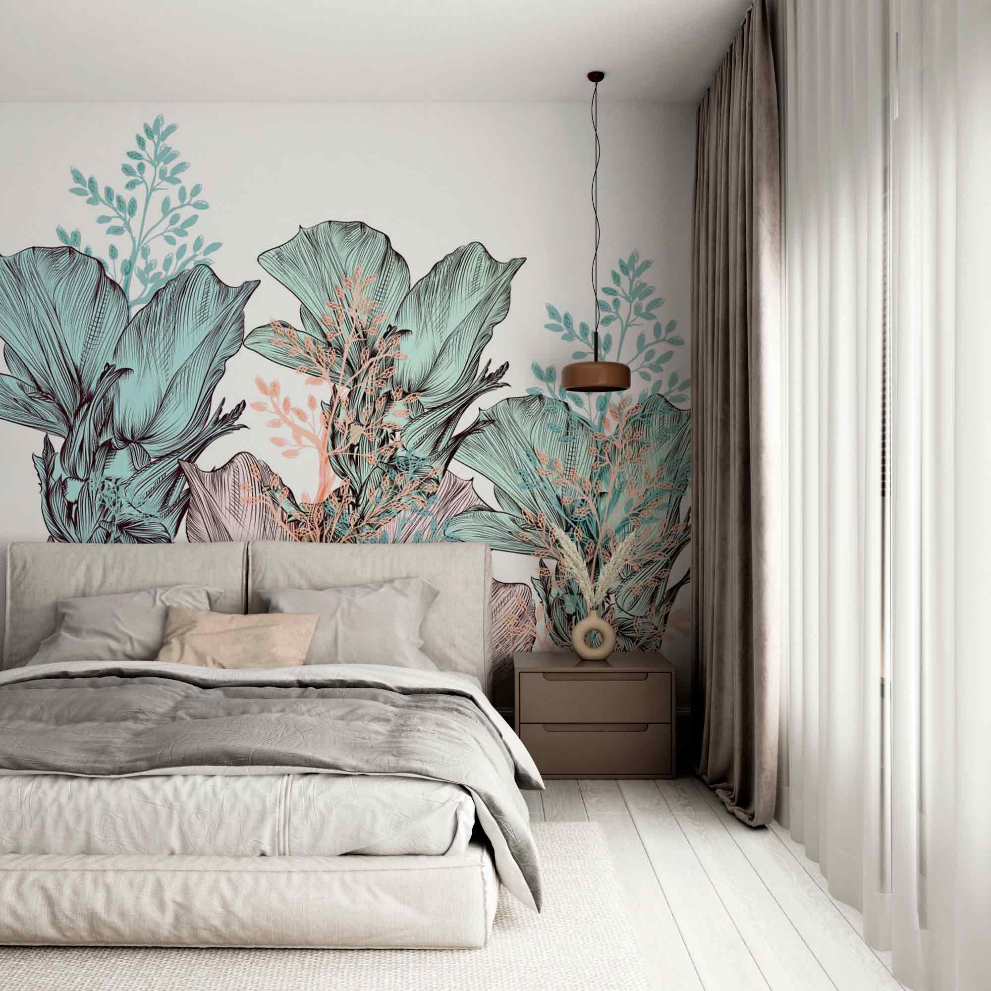 Botanical Fleur Wall Mural Plant Motifs Green  Wallpaper