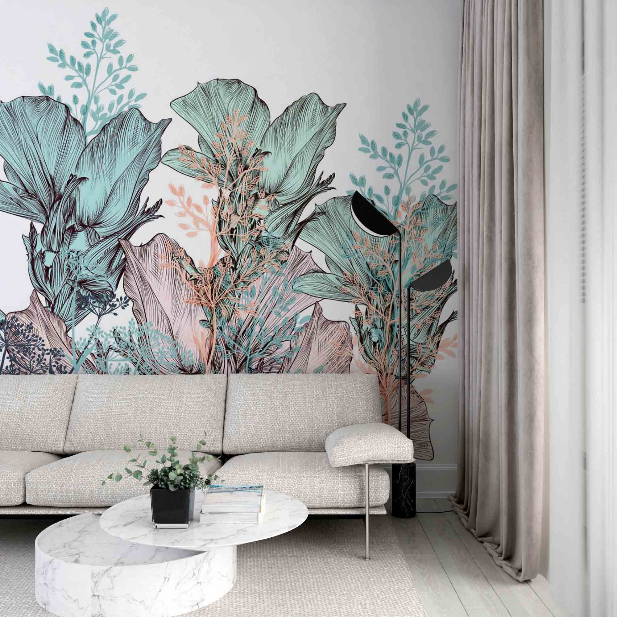 Botanical Fleur Wall Mural Plant Motifs Green  Wallpaper