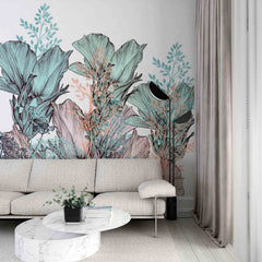 Custom Botanical Fleur Wall Mural Plant Motifs Green Wallpaper