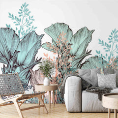 Custom Botanical Fleur Wall Mural Plant Motifs Green Wallpaper