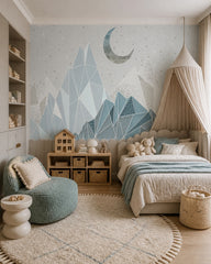 Geometric mountains under the moon kids room wallpaper in a girl’s bedroom.