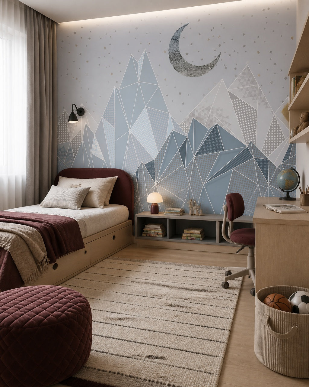 Geometric mountains under the moon kids room wallpaper in a boy’s bedroom.