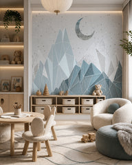 Geometric mountains under the moon kids room wallpaper in a children’s playroom.