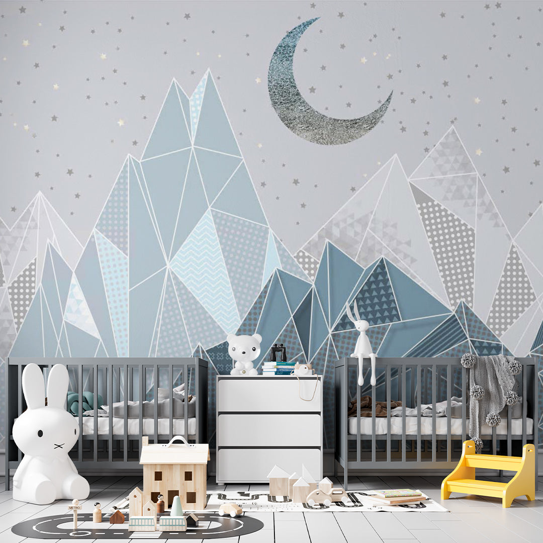 Kids Wall Murals Crystal Blue Mountains Stars Sky Moon Wallpaper for Kids