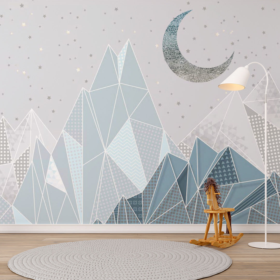 Kids Wall Murals Crystal Blue Mountains Stars Sky Moon Wallpaper for Kids