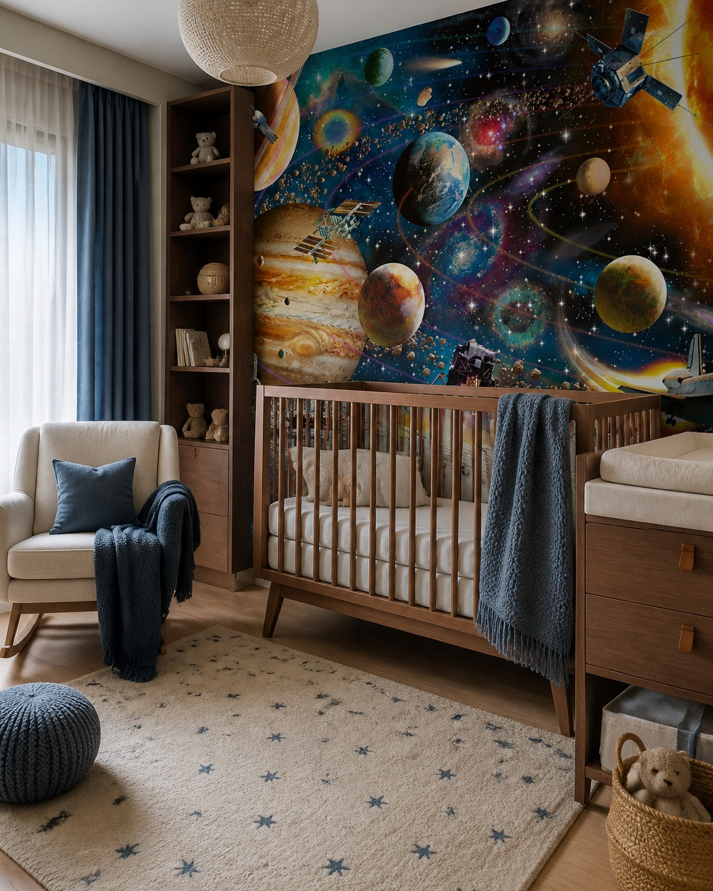 Space exploration wallpaper in a modern nursery with a crib.
