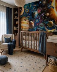 Space exploration wallpaper in a modern nursery with a crib.