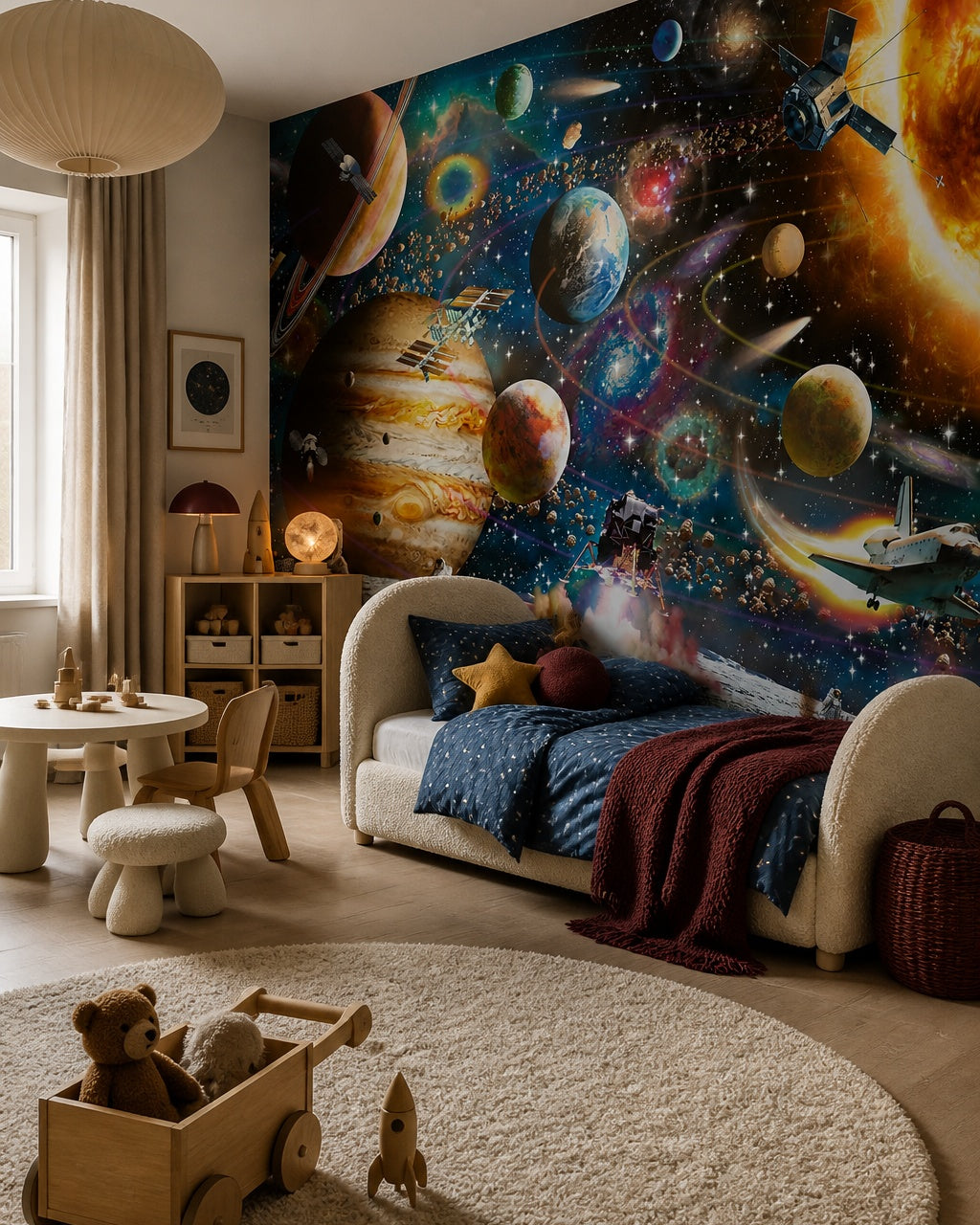 Space exploration wallpaper in a toddler bedroom with a child-sized bed.