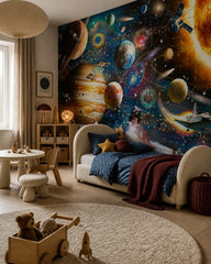 Space exploration wallpaper in a toddler bedroom with a child-sized bed.