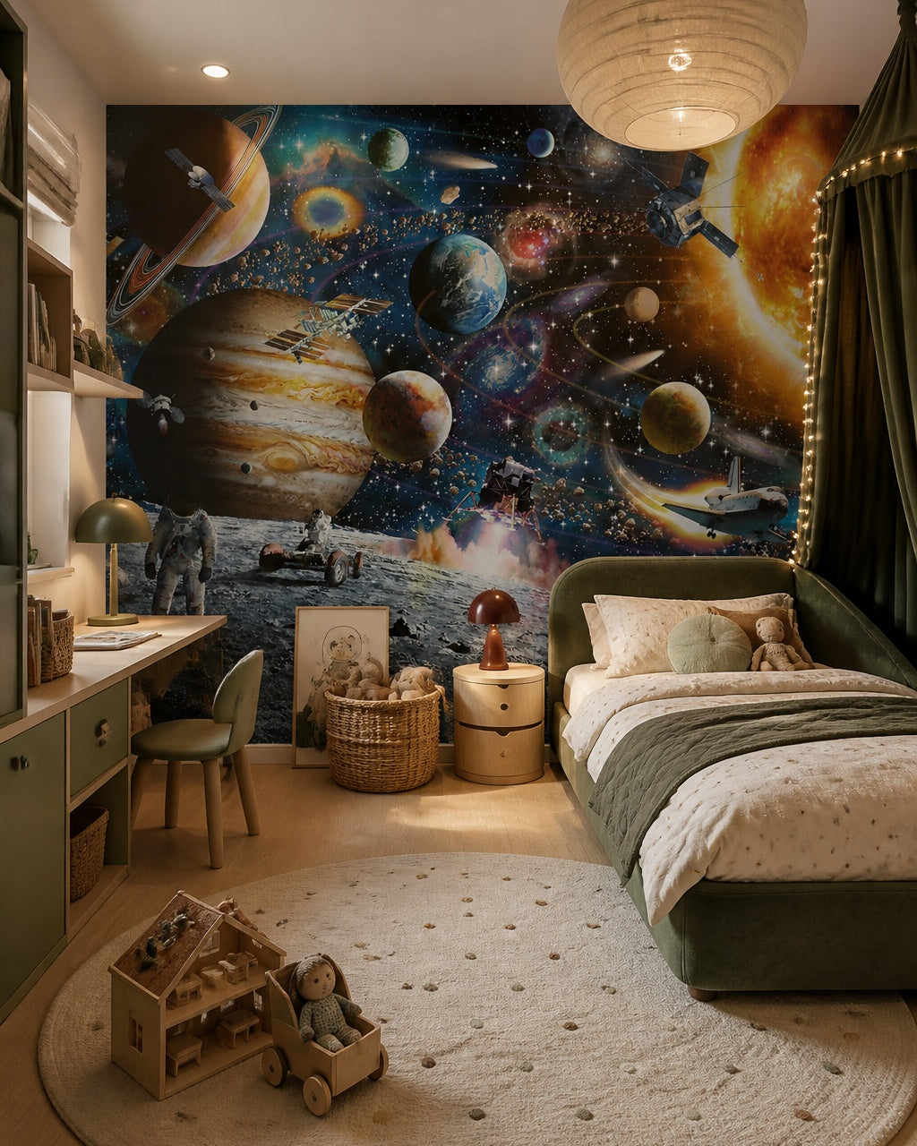 Space exploration wallpaper in a girl’s bedroom.