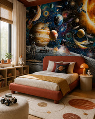 Space exploration wallpaper in a boy’s bedroom.