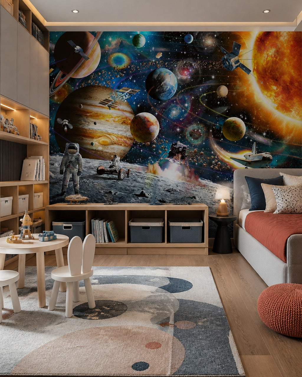 Space exploration wallpaper in a children’s playroom.