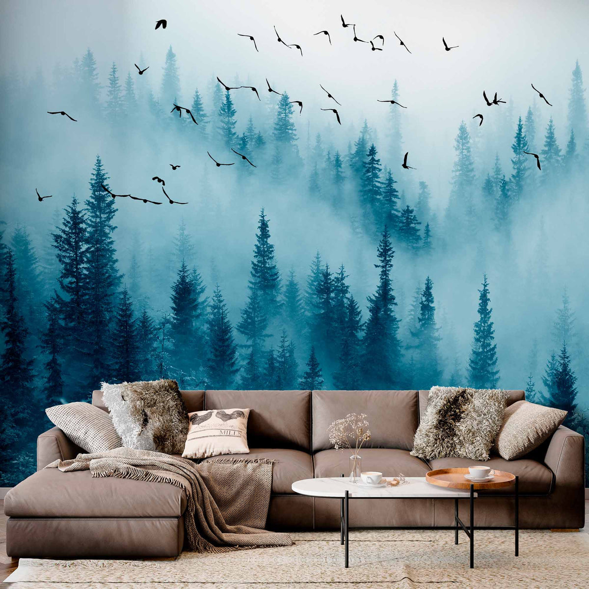 Enchanted Misty Forest Wall Mural Wallpaper - Foggy Pines with Soaring Birds