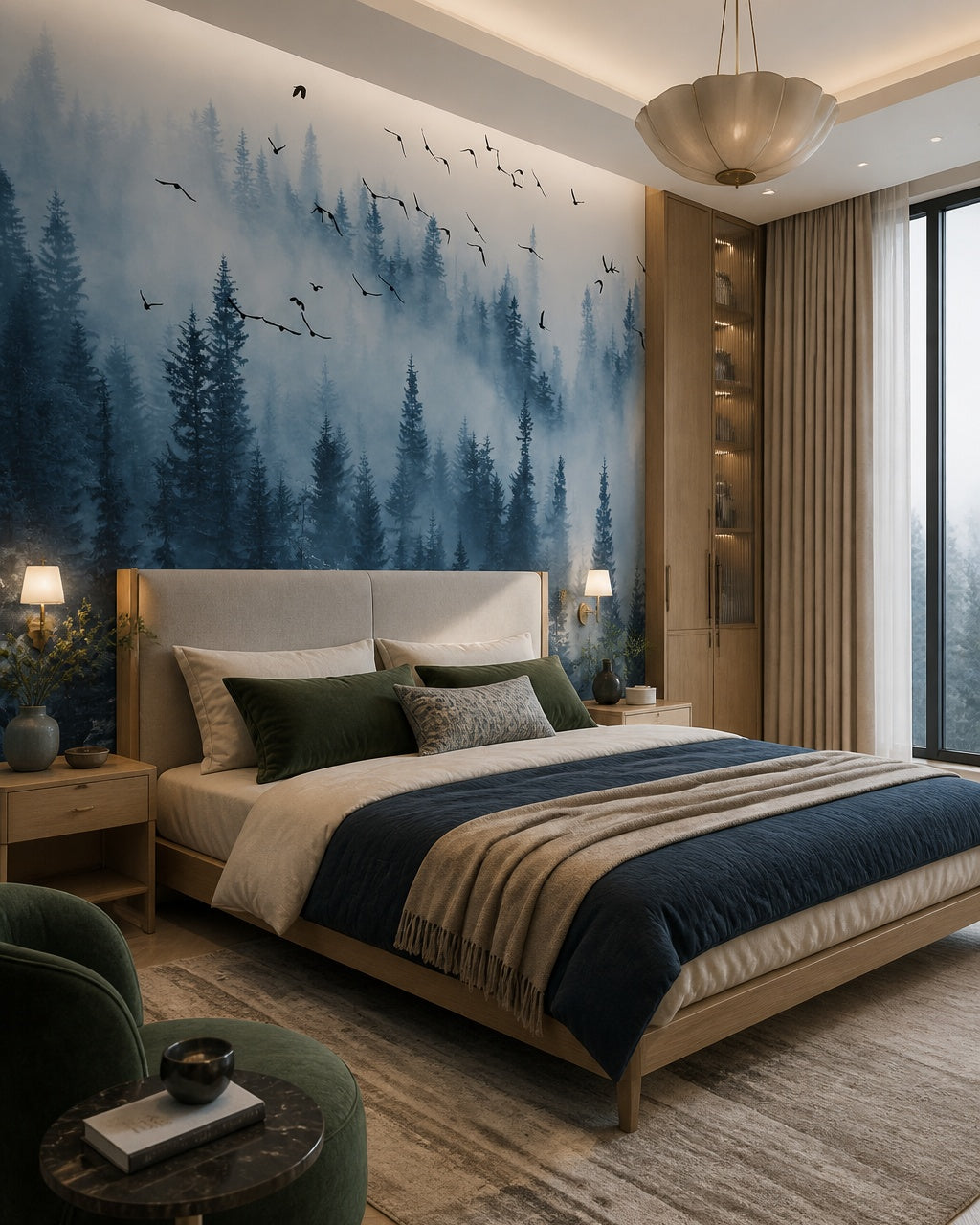 Blue misty forest wallpaper in a designer bedroom.