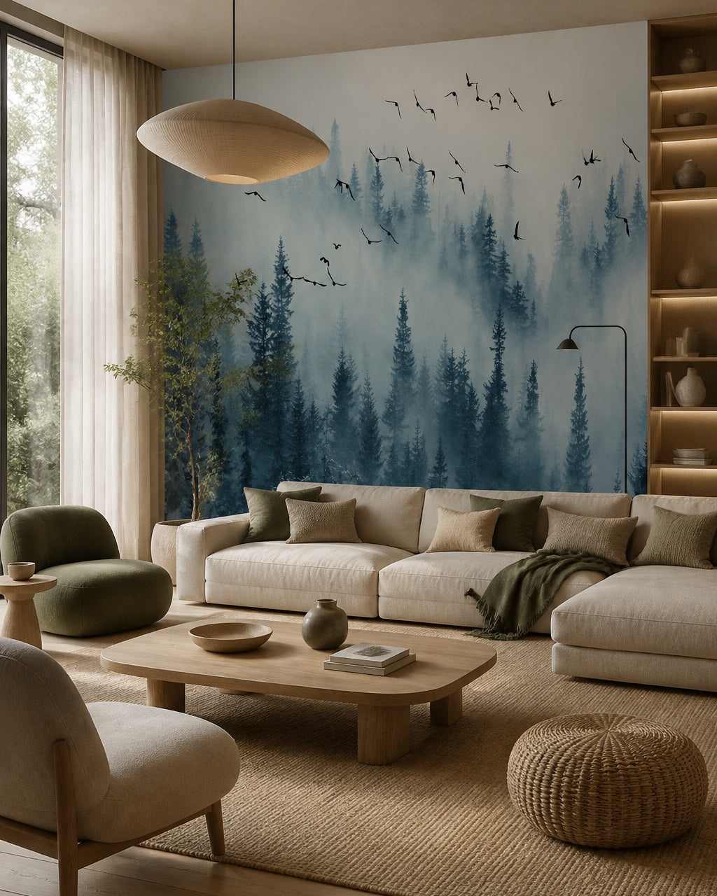 Blue misty forest wallpaper in a designer living room.