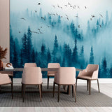 Enchanted Misty Forest Wall Mural Wallpaper - Foggy Pines with Soaring Birds