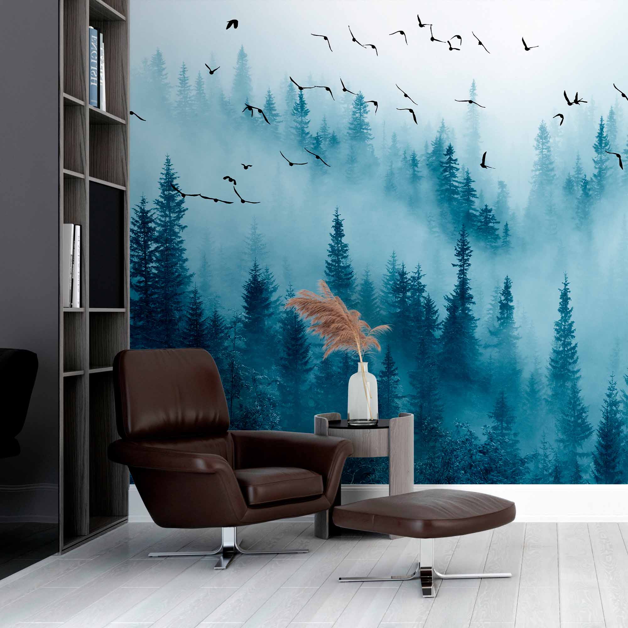 Enchanted Misty Forest Wall Mural Wallpaper - Foggy Pines with Soaring Birds