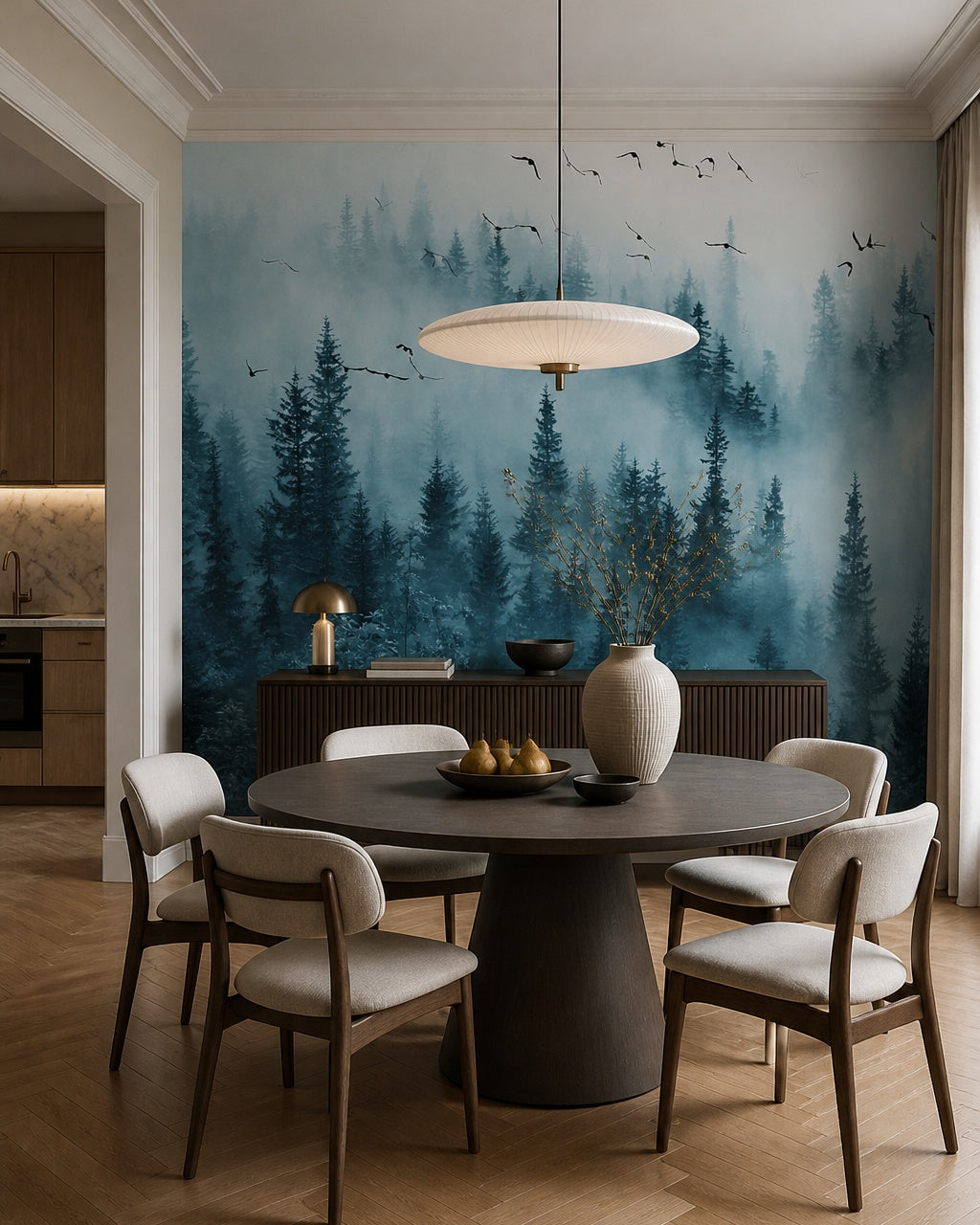 Blue misty forest wallpaper in a refined dining area.