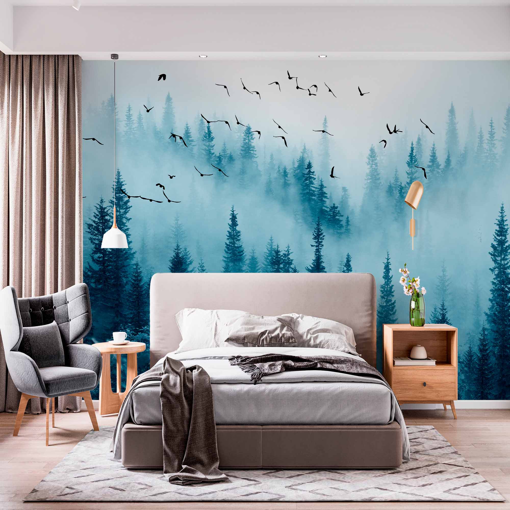 Enchanted Misty Forest Wall Mural Wallpaper - Foggy Pines with Soaring Birds